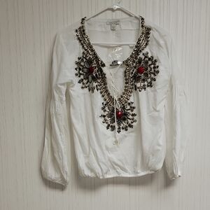 Boston Propwr White Blouse W/Red and Gold Embellishments Small NWOT